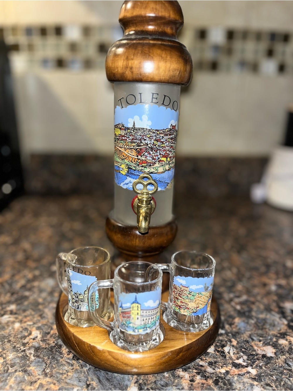 Toledo Decorative Shot Glass Dispenser with Wooden Stand - Brown
